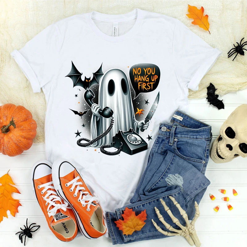 Funny Halloween Boo No You Hang Up First Printed T-Shirts Fashion Women Summer Tee Shirt Unisex Casual Round Neck Short Sleeve