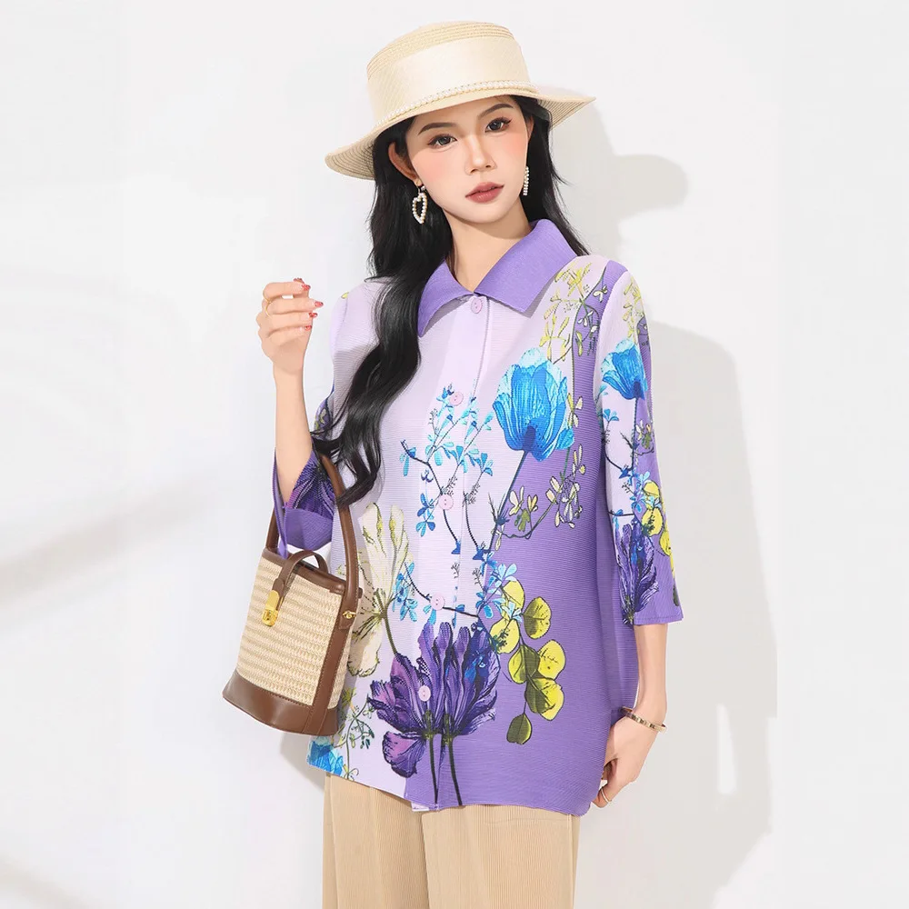 Miyake's New Spring and Summer Top Women's Pleated Fashion Print Loose Foreign Style Versatile Casual Lapel Breasted Shirt