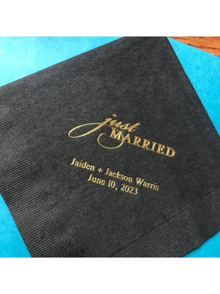 

Personalized Wedding Cocktail Napkins, Just Married Design, Engagement Rehearsal Party Beverage Gold Foil Birthday Napkins,50Pcs