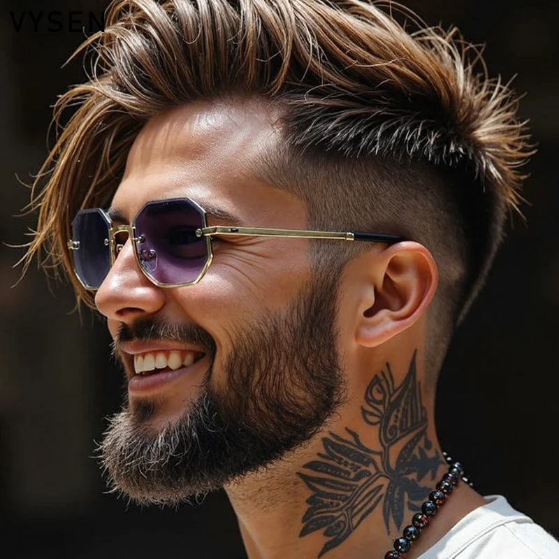 

Punk Semi-Rimless Rectangle Octagon Sunglasses Men 2025 Luxury Brand Trendy Half Frame Metal Polygon Sun Glasses Outdoor Shades