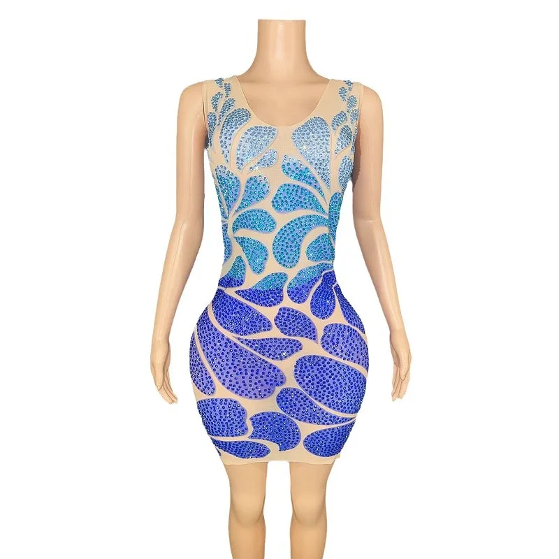 

Popular Shiny Rainbow Diamond Vest Blue Mini Skirt Dress For Women's Birthday Women's Evening Dresses For The Event Party Dress