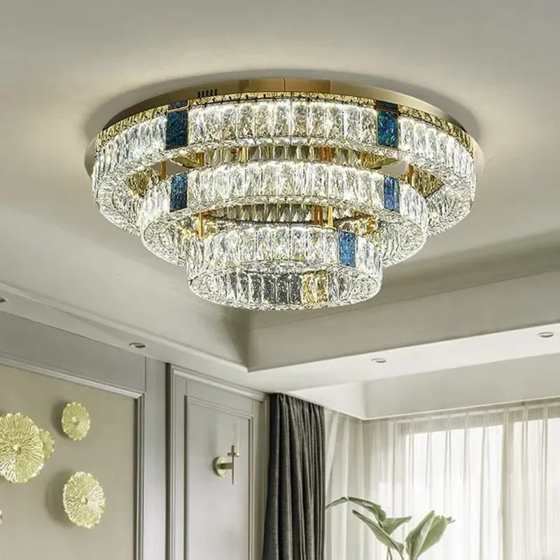 Modern Living Room Crystal LED Ceiling Lamp Bedroom Kitchen Island Fixtures Stainless Steel Round Chrome Art Ceiling Chandelier