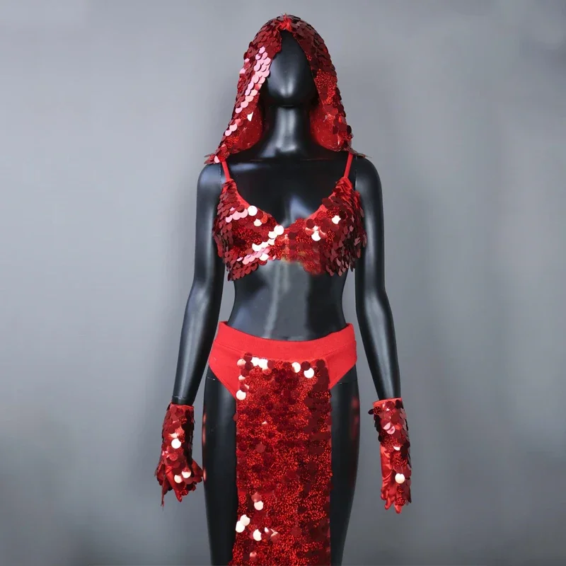 Nieuwe sexy gogo danseres kostuum rode pailletten omzoomd set paaldans kleding vrouwelijke nachtclub dj ds podium rave outfits podiumkleding