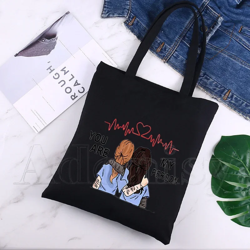 Greys Anatomy Women Female Foldable Canvas Shoulder Bag Canvas Tote Eco Shopping Bag Canvas Tote Casual HandBag Daily Use Black