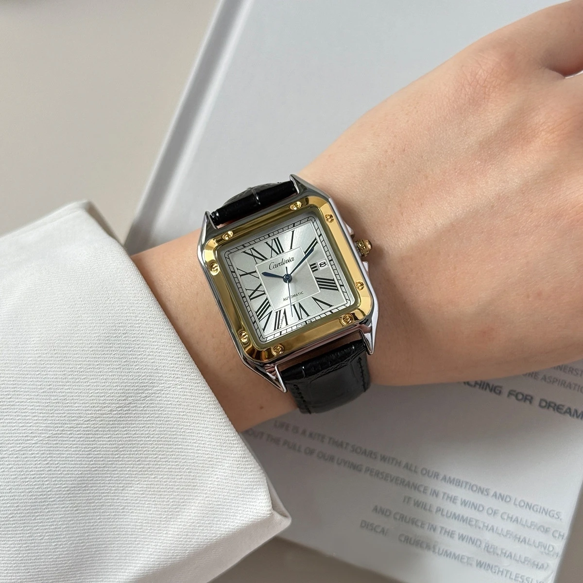 Elegant Women's Square Quartz Watch with Alloy Case, Black Leather Strap, Roman Numeral Dial, Date Window, Waterproof Business Wristwatch, Classic Dress Watch, Fashionable Women's Watch for Office and Casual Occasions