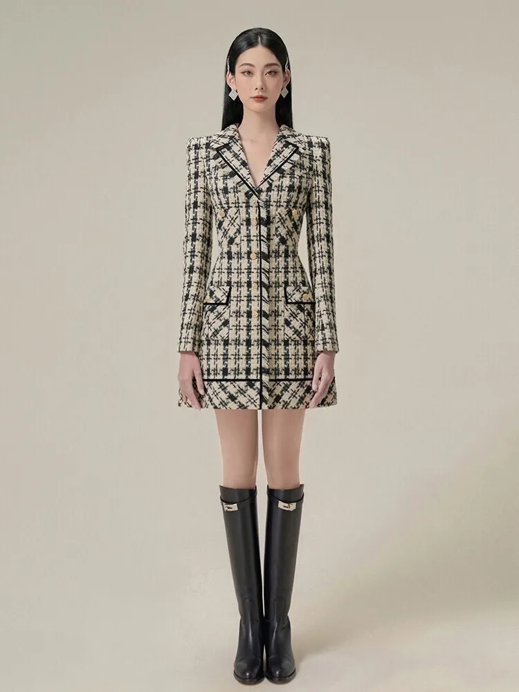 DEAT Elegant Dresses Plaid Tweed Lapel Contrast Color Long Sleeve Waist Women's Mini Dresses 2024 Autumn New Fashion 13DB1384