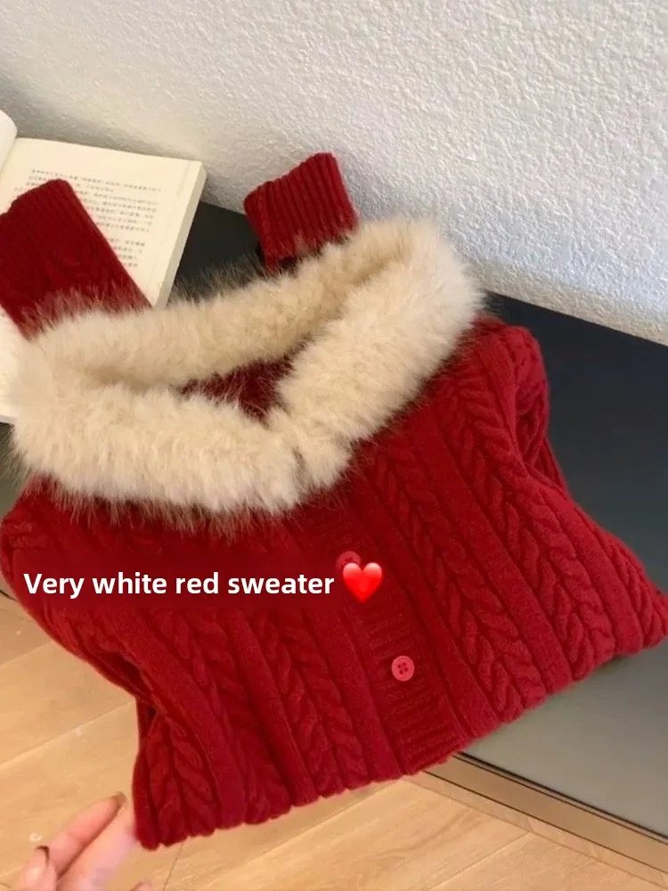 

Thiened Red Knitted Sweater Women's Autumn Winter Warm Removable Fur Collar Inner Wear Commute Sle Regular Fit Long Sve