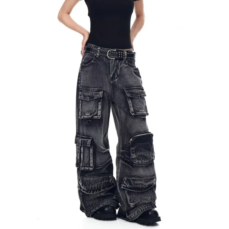 

2026 New American Style Heavy Wash Multi Pocket Cargo Jeans Vintage Washed Wide Leg Pants For Streetwear Men & Women