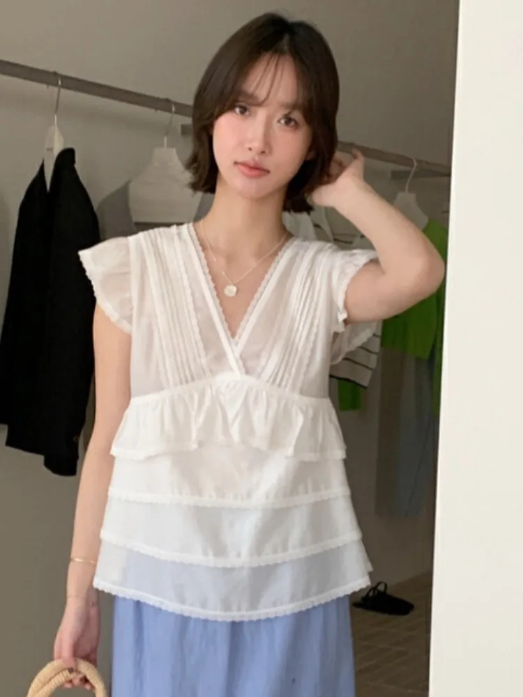 

Chic Lace Trimmed V-Ne Loose Fit Svel irt for Women Summer 2025 Sweet Girl Sle Oversized Slimming Flng Sve Top