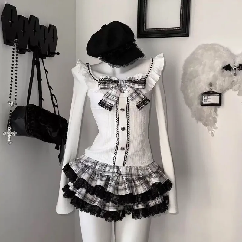 

Korean Sweet Ruffles Patchwork Bow Long Sleeve Top Women+ 2025 Summer New High Waist Plaid Cake Skirts Two Piece Sets