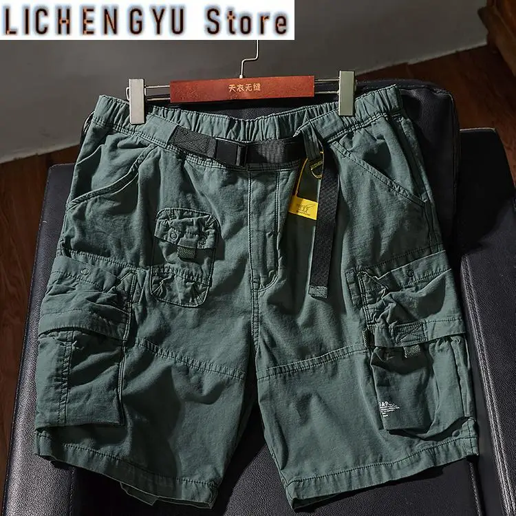 Summer New American Retro Outdoor Cargo Shorts Men's Pure Cotton Washed Casual Multi-pocket 5-point Trousers with Belt