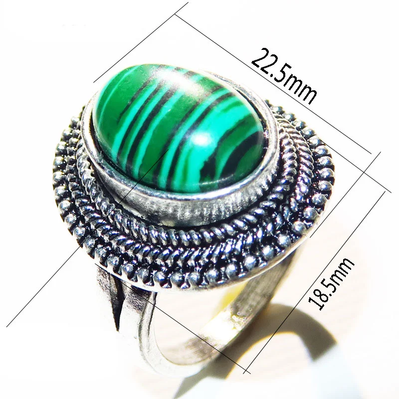 Oval Malachite Rings for Women Antique Silver Plated Rhinestone Plum Flower Vintage Fashion Jewelry