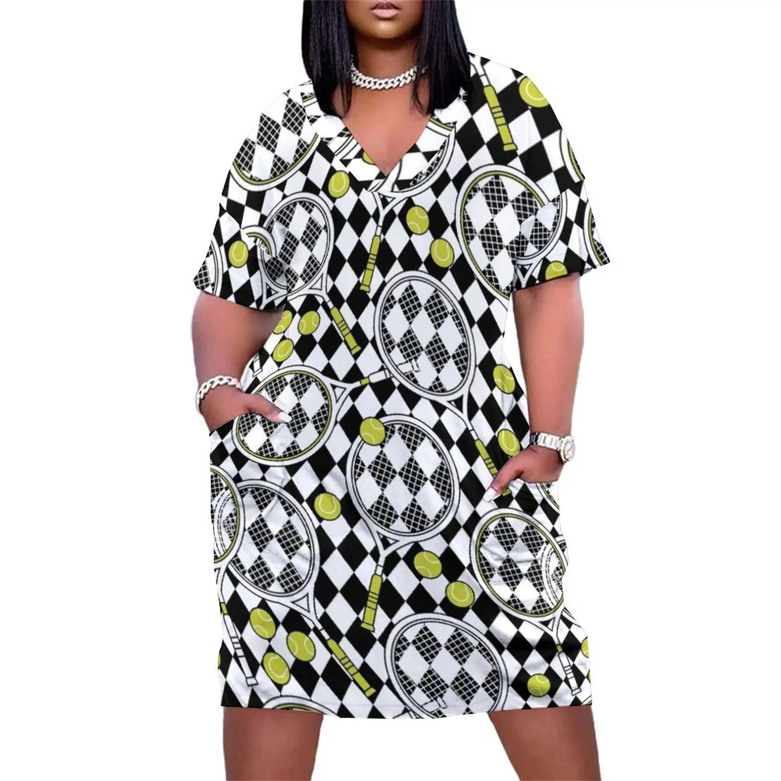 

Tennis racket with balls on checkered Loose Pocket Dress women"s summer dresses 2024 Summer dresses for women