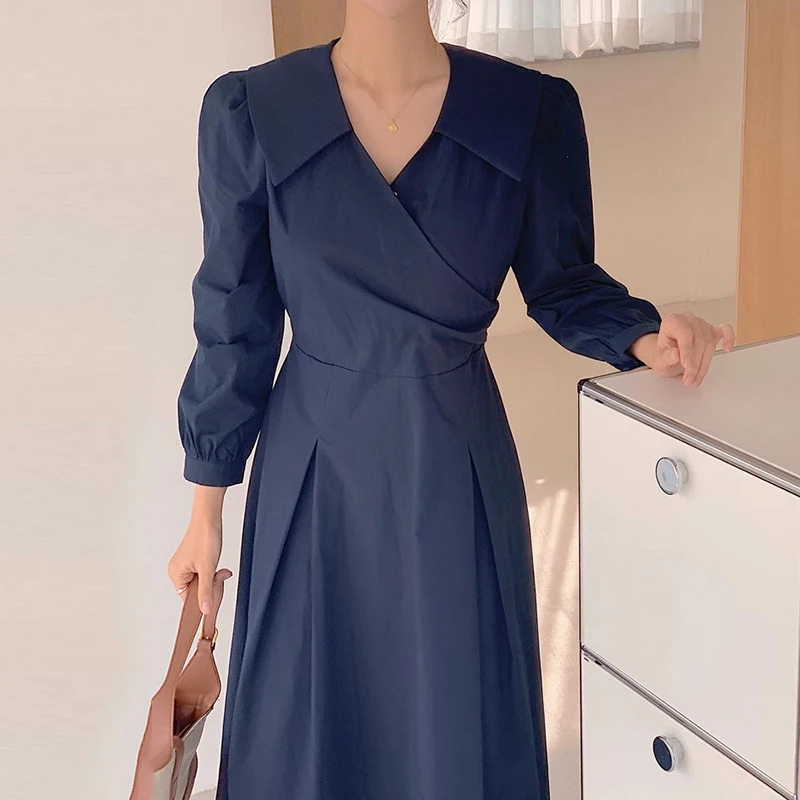 

Women Navy Blue Dress V-Neck Full Sleeve Midi Loose Dresses With Pockets 2024 Autumn Female Fashion Clothing