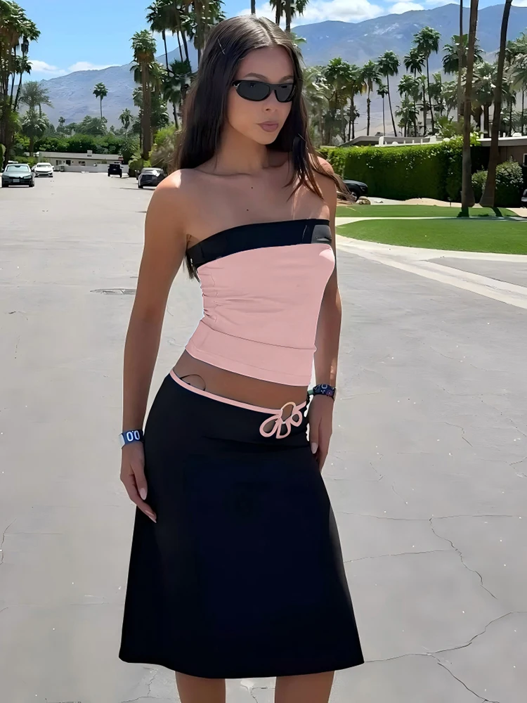 Nibber Summer 2 Piece Set Women Color Blocking Sleeveless Tank Tops+Metal Ring Hollow Skirts Fashion Sexy Vacation Party Suits