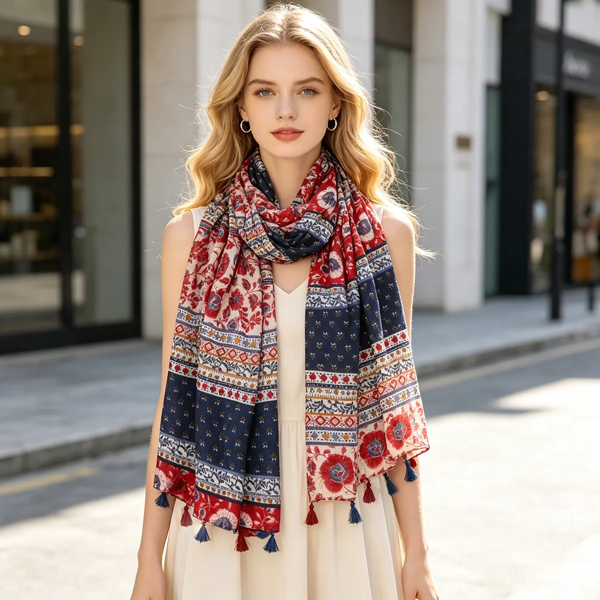 Women's Boho Floral Printed Scarf with Tassels, Lightweight Ethnic Shawl, 180x88cm Fashion Neck Wrap for Daily Casual Outfits