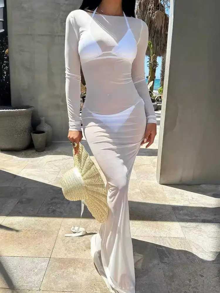 Moda coreana 2025 donna maglia nera elegante abito grembiule da spiaggia sottile primavera estate bianco abito da vacanza a maniche lunghe tendenza popolare