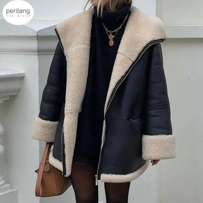 

PERITANG Fashion Autumn Fur Coat Women Winter Long Sleeve Velvet Lapels Female Coats 2024 Streetwear Black Engine Ladies Jackets