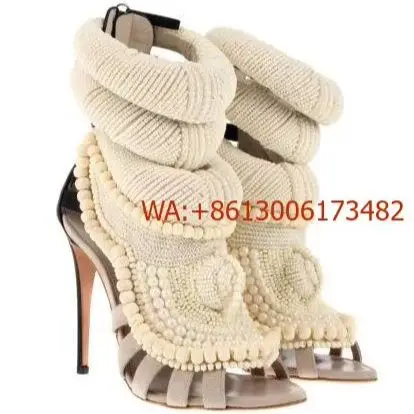 Knitted Pearl Ankle Strap Zip Leather Sandals Lady String Bead Ankle Stiletto High Heel Sandals Women Hollow Shoes Patched
