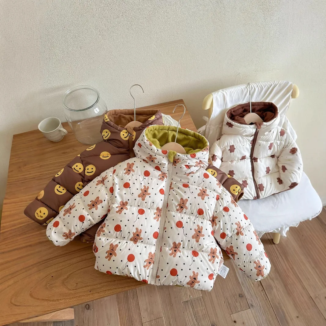 2026 New Double-sided Down Cotton Jacket with Hooded Jacket for Children's Thickened Plush Children's Short Jacket 2-6 Years