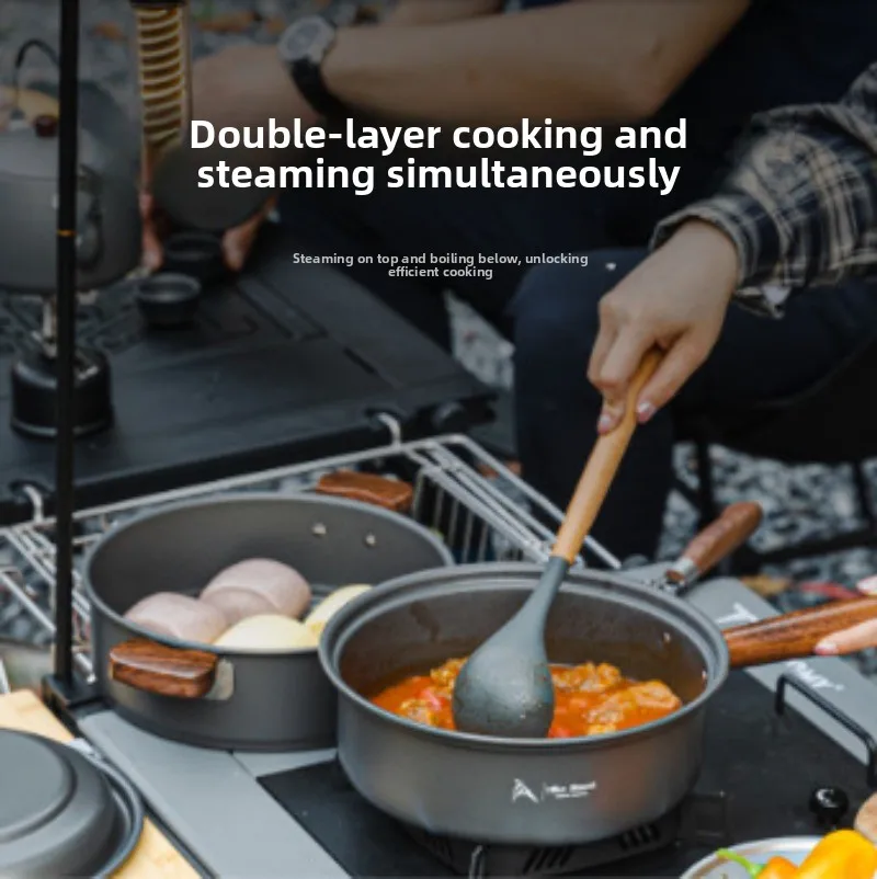 Outdoor Camping Cooking Pot Double‑Layer Steamer Aluminum Alloy Cookware Set Multi‑Function Steam Pot for Hiking Picnic Travel