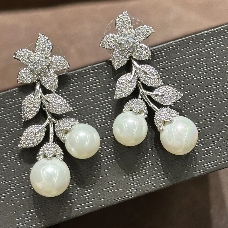 

Silver Color Floral Leaf Statement Earrings with Sparkling Crystals Round White Pearl Drops Elegant Bridal Party Jewelry for Her