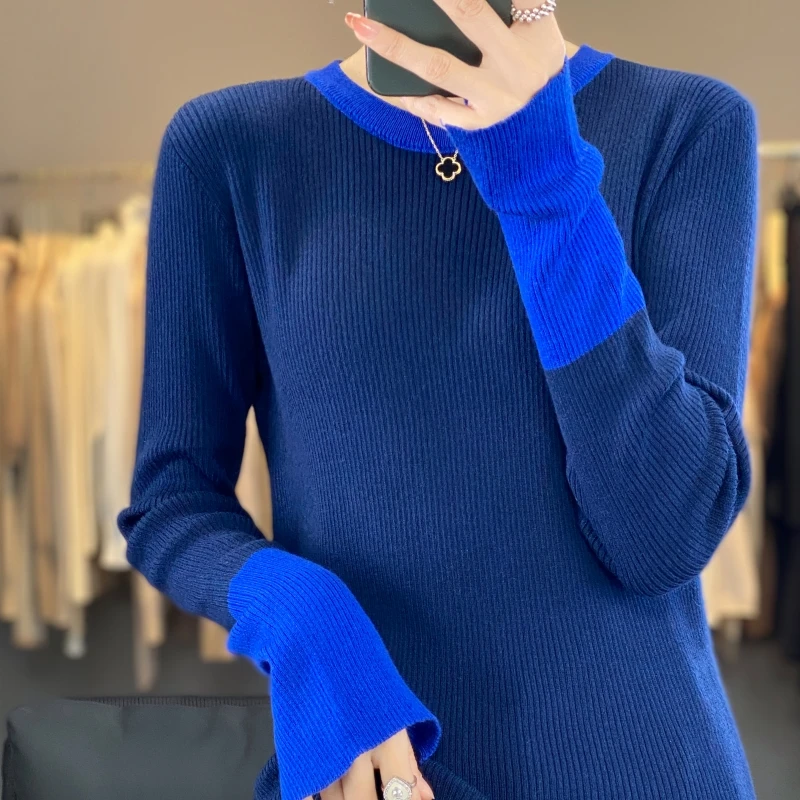 2024 New Spring and Autumn O-Neck Color matching Cashmere Sweater Women Long Sleeve Pullover Solid Color Base