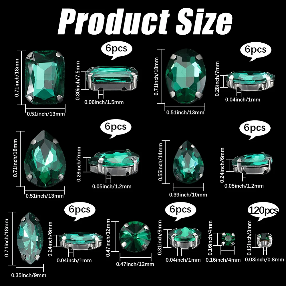 156Pcs 7 Styles Green Sew on Rhinestones Prong Setting Gems Flatback Faceted Oval Round Teardrop Rectangle Crystals Accessories