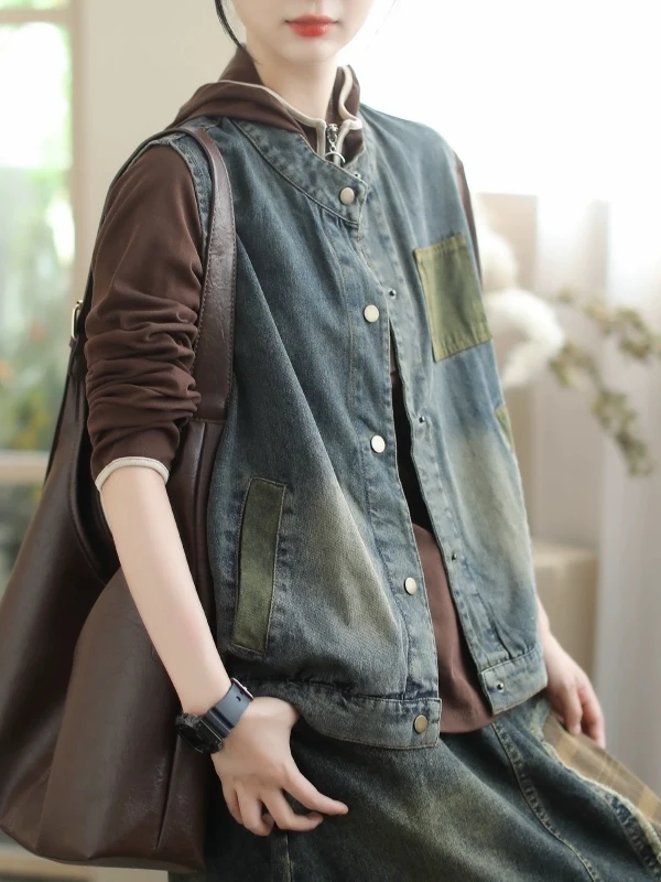 

Retro Loose Casual Commute Faion round Ne Slimming Women's Denim Vest Autumn New Sle Ladies' Jaet Single Button Closure