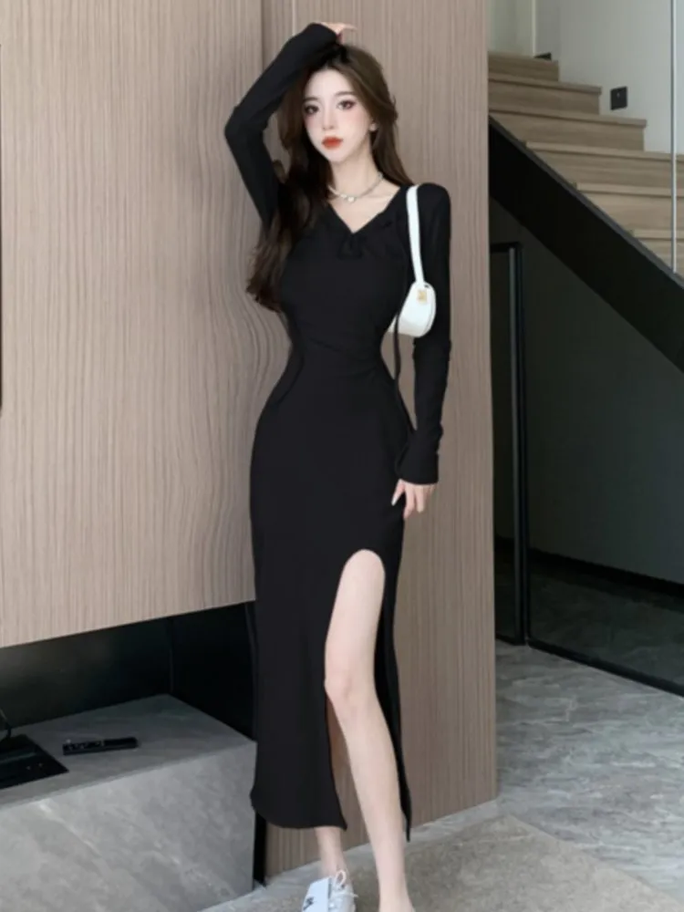 Autumn Fashion Solid Hooded Party Dresses for Women Elegant Birthday Evening Dress Female Sweatshirt Slit Midi Vestidos Mujer