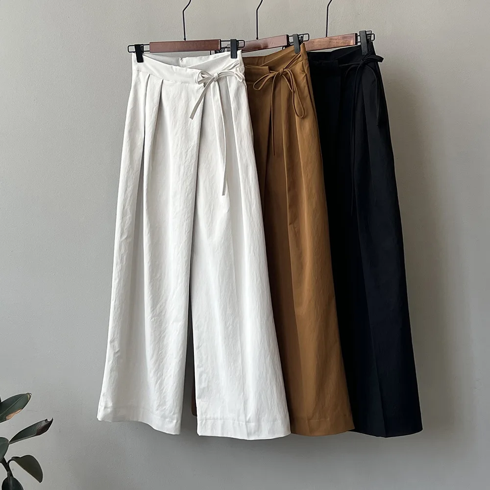 

Fashion Asymmetric Strap Lace-up Women Wide Leg Pants Chic High Waist Solid Color Loose Ladies Straight Trousers