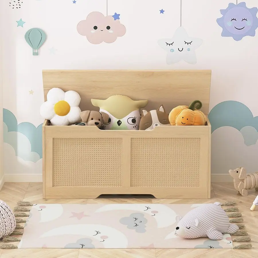 Storage Bench, 43.3 Toy Box, RattanLike Storage Chest, Sturdy Entryway Bench Supports 220 lb, Toy Chest, Safety Hinge, UShaped O