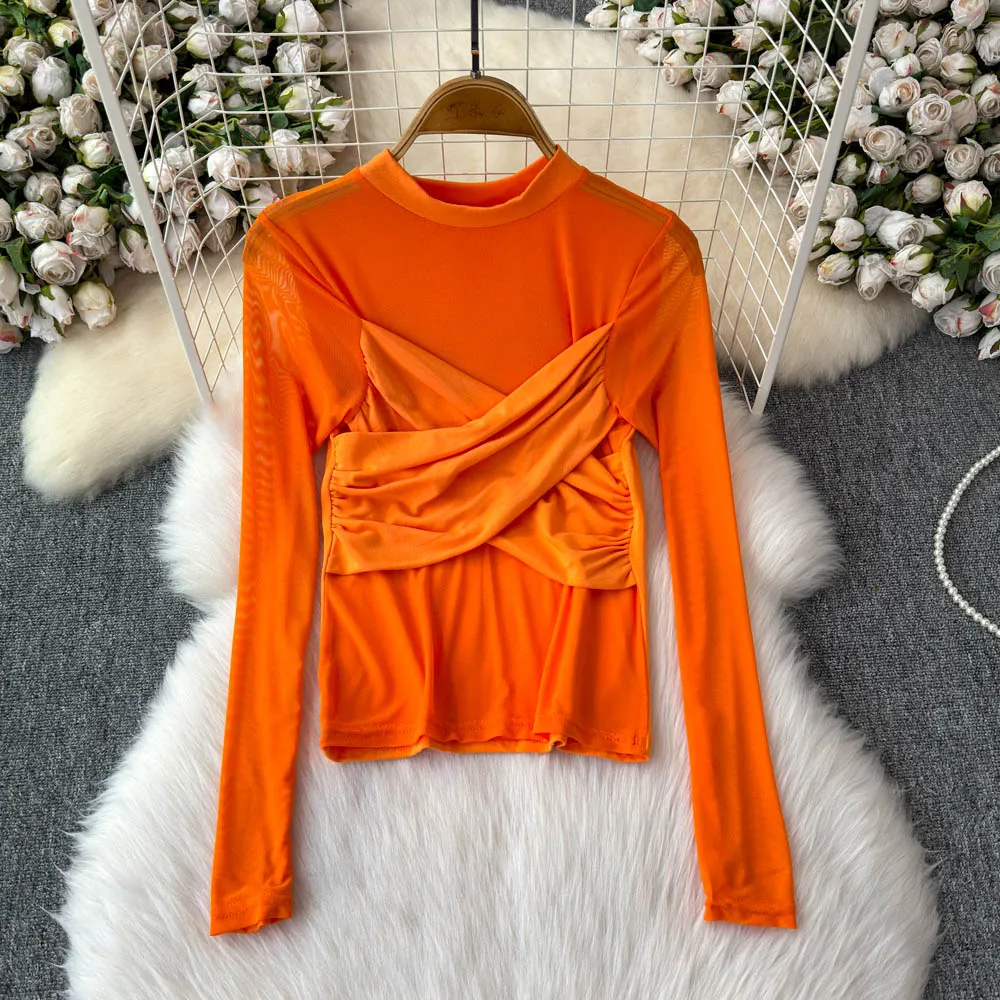 Basics Long Sleeves Elegant O-neck Chic Mesh Spliced Criss-Cross Pleated Top Streetwear High Street Autumn Sexy Women T-Shirts