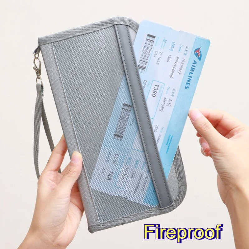 Fireproof Passport Storage Bag Travel Document Organizer with Card Slots & Coin Pocket Anti-Theft Passport Holder Cards Wallet