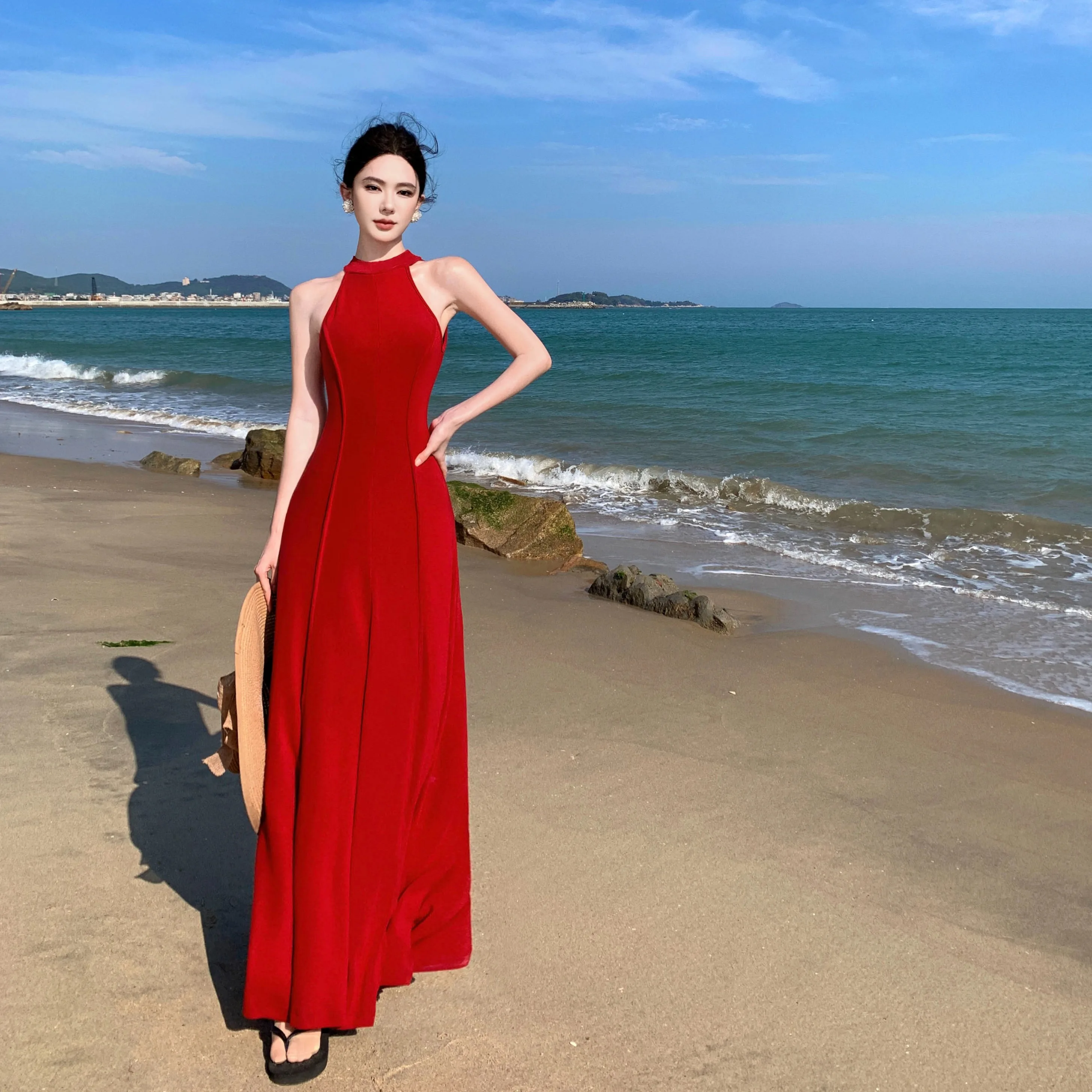 Women's Elegant Off-the-shoulder Red Evening Dress Sexy Backless Cutout Maxi Dress Solid Chic Events Parties Prom Vestidos Robe