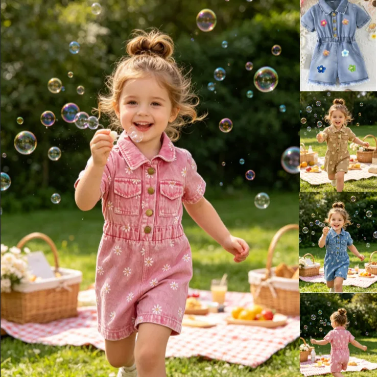 Toddler Girl Denim Romper Daisy Print Short Sleeve Jumpsuit Summer Outdoor Casual Playsuit Little Kid Picnic Travel Outfit ZYD47