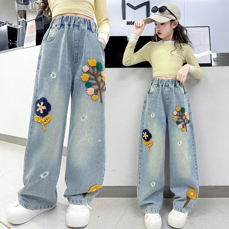 2026 Spring Girls Jeans Floral Embroidered Trendy Wide-Leg Denim Pants for Kids Stylish Daily Casual Children Trousers 8 10 12 Y