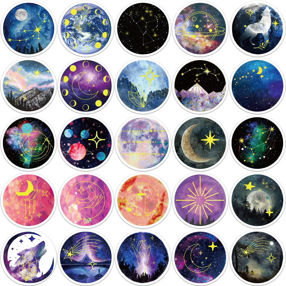 Star Moon and Moonlight Stickers for Suitcase Stationery, DIY Vintage Scrapbooking Material, Custom Aesthetic Sticker, 50Pcs