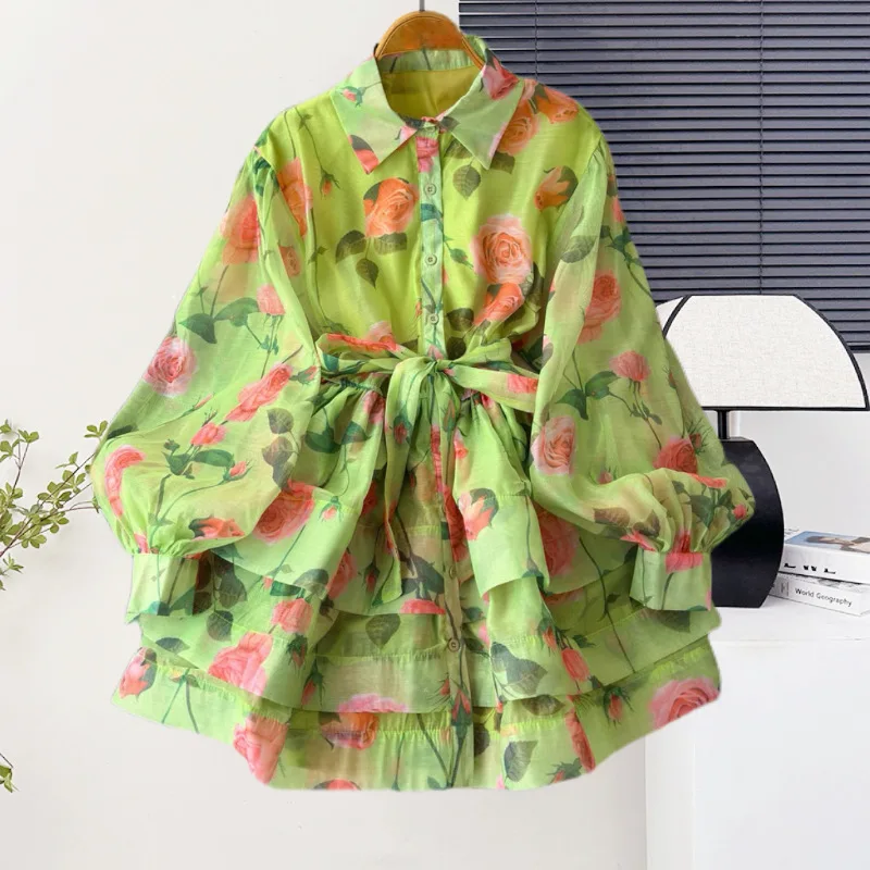 

Women Print Dresses A Line Dress Mini Lenth Long Lantern Sleeves Single Breasted Waist Cinch Loose Casual Elegant 2026 Spring