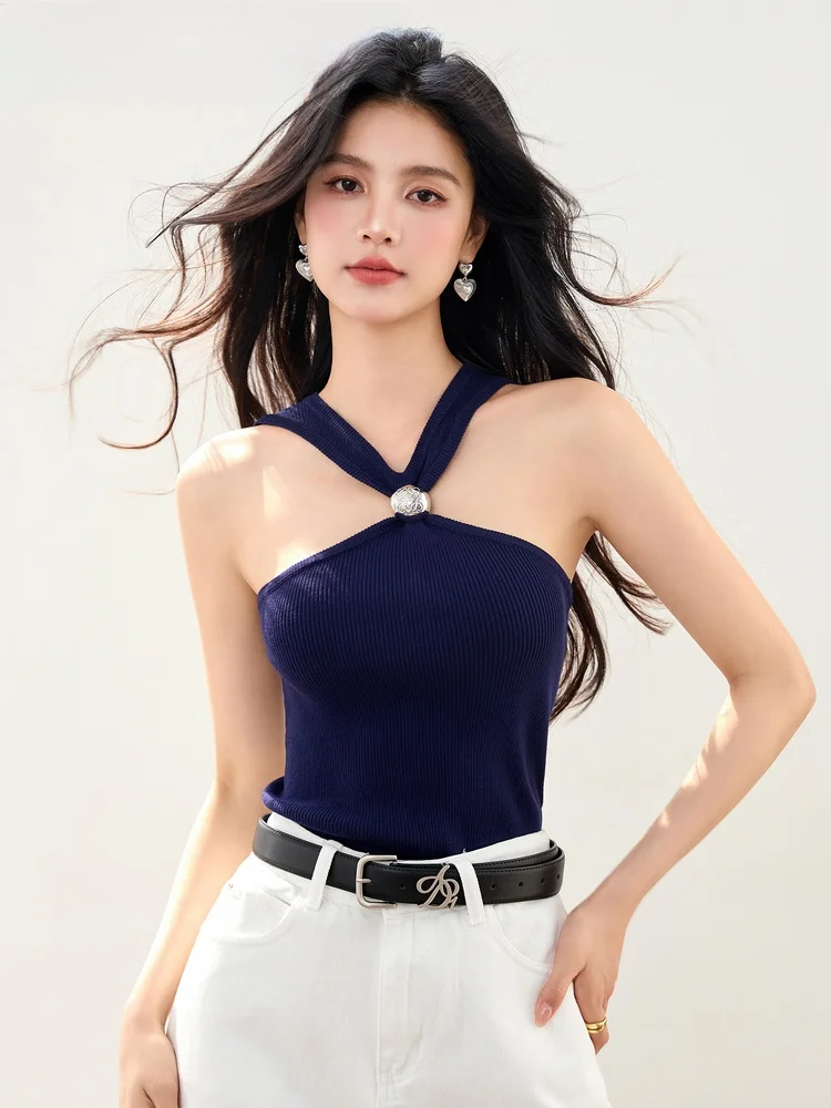 

La Chapelle Blue Knitted Tube Top Women's Slim Fit Summer Faionable ature Spicy Pure Desire Versatile Top