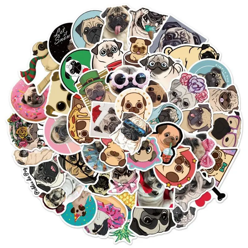 10/30/50PCS Fashion Cute Pug Sticker Pack Skateboard Decoration DIY Mobile Phone Computer Luggage PVC Graffiti Decal Wholesale