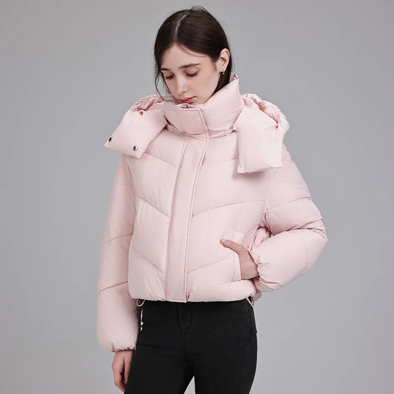 New Warm Short Cotton Jacket Women Detachable Hood Zip Closure Elastic Cuff Solid Color Simple Casual Autumn Winter Outerwear