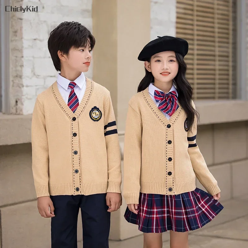 Children School Uniform Girls British Knitted Cardigan Plaid Skirts Pants Boys Formal Dress Suits Kids Student Clothes Class Set