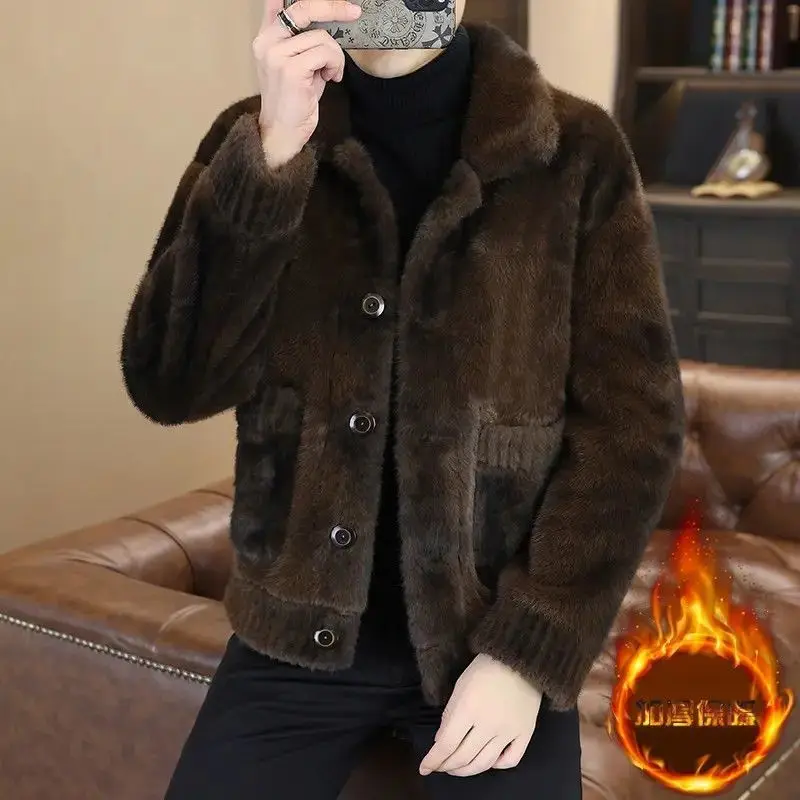 

Double-Sided Plu Faionable Men's Winter Coat Warm Collar High-End Leather Jaet Thiened Long Sle for Daily Use