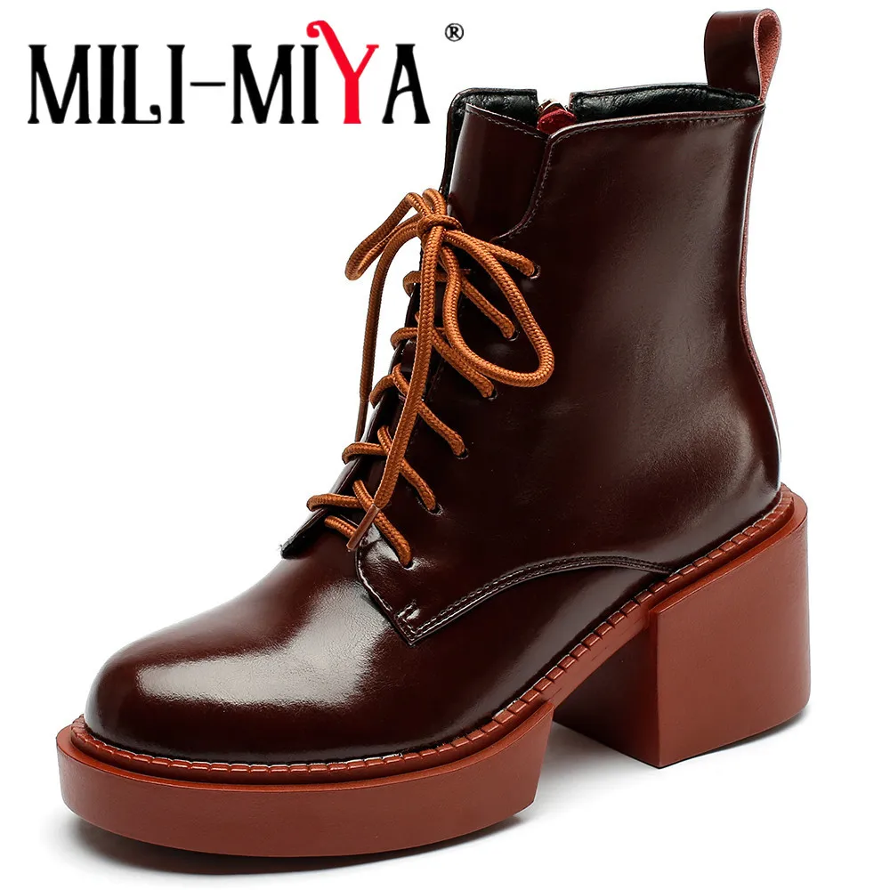 MILI-MIYA nuovo arrivo suola in gomma antiscivolo punta tonda donna stivaletti in pelle di mucca tacchi spessi scarpe stile Casual tinta unita