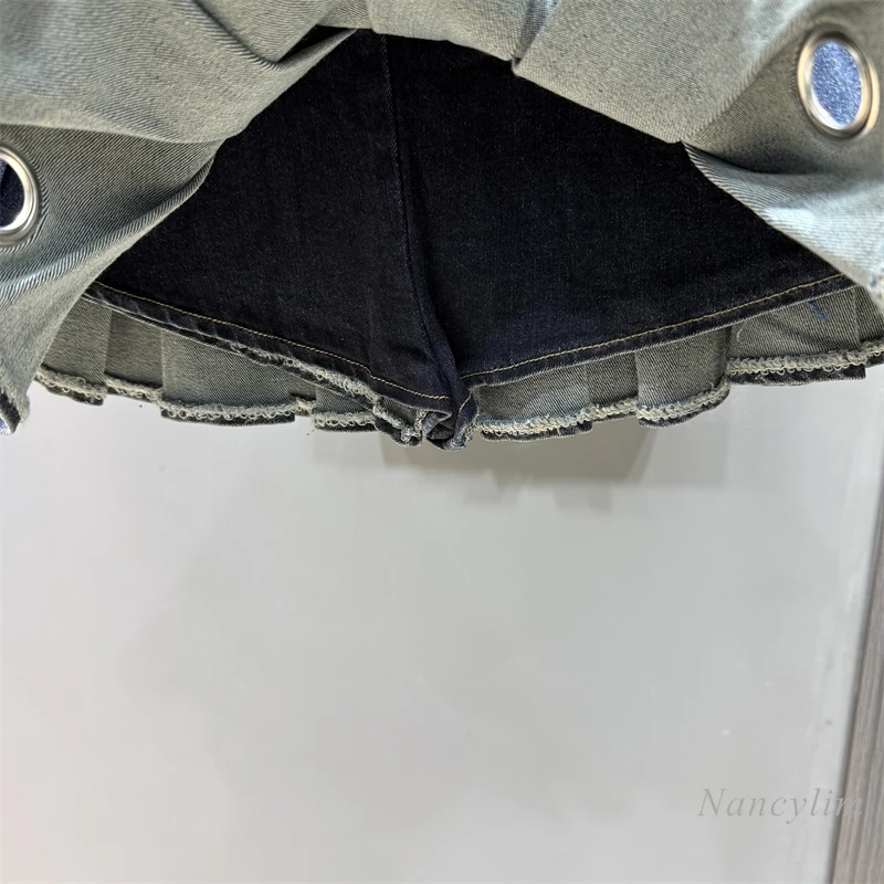 Retro Design Pleated Short Skirt Women's 2025 Summer European and American Style High Waist Spice Girl Slimming Blue Denim Skirt