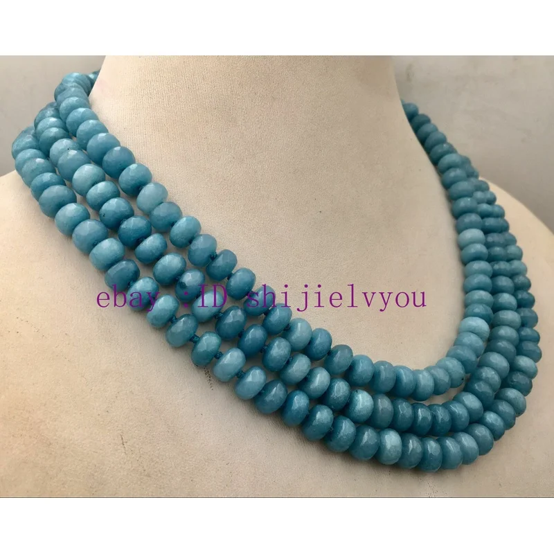 5x8mm NATURAL Aquamarine FACETED BEADS NECKLACE 3 Row 18-20& # 039;& # 039;