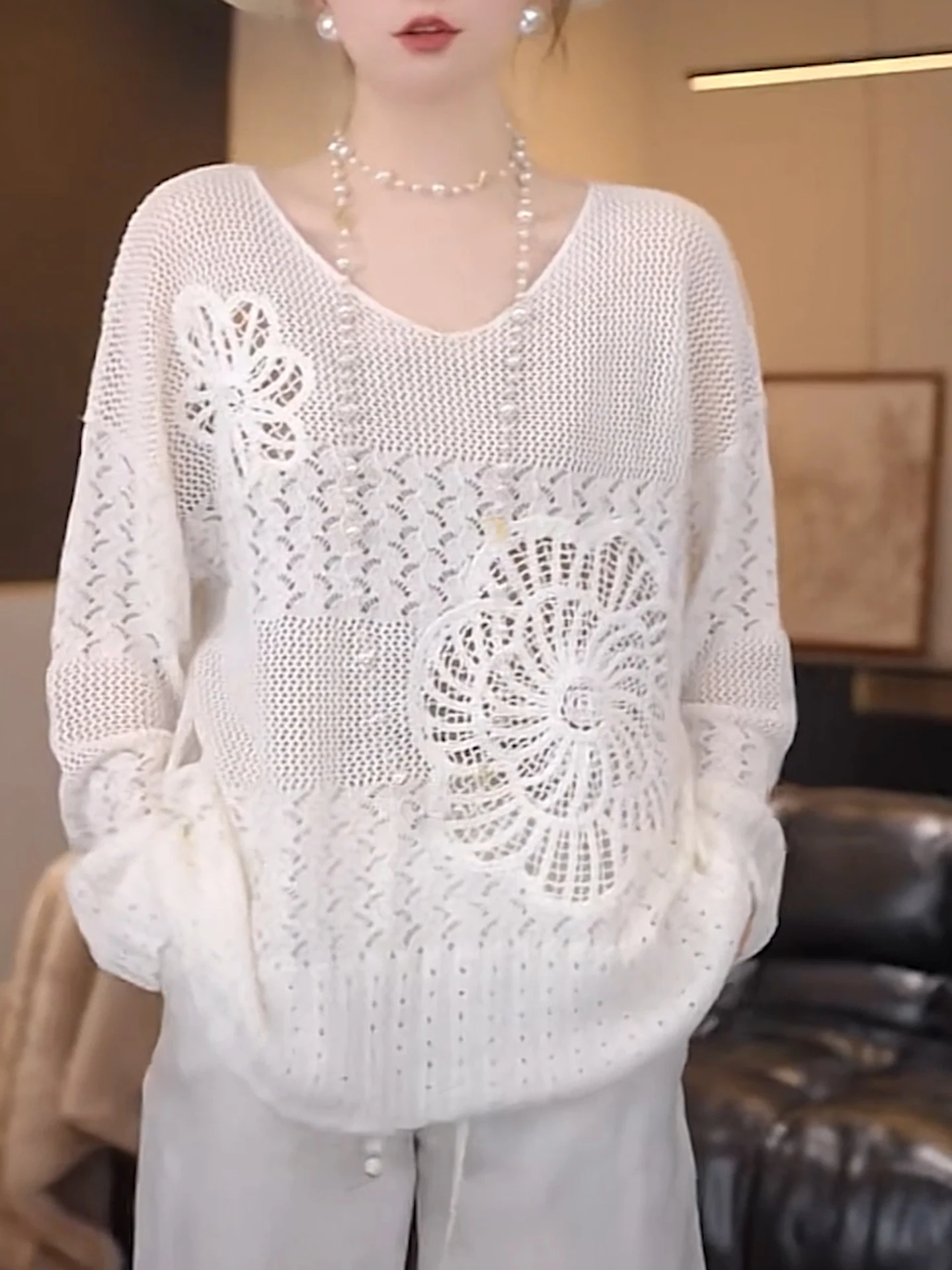 

Женский вязаный топ с вырезами и длинными рукавами, свободный крой, удобный, модный, простой дизайн, осенняя новинка, европейский стиль