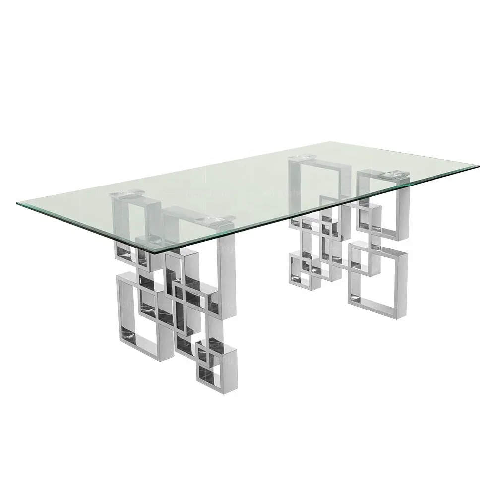 Gold Steel Foot Dining Table Glass Top Luxury Metallic Marble Glass Dinning Table