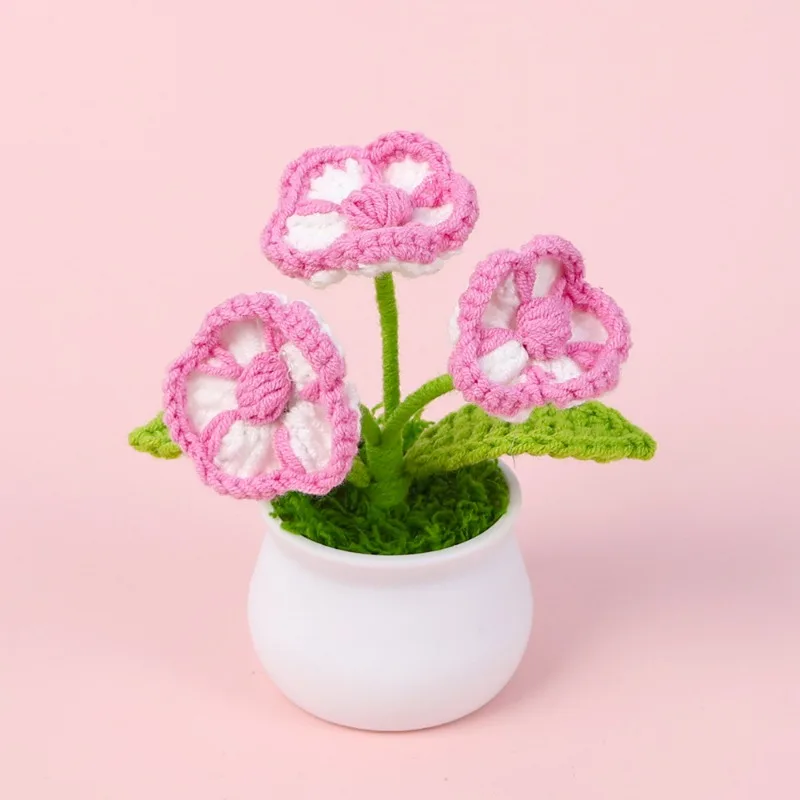 1pc Finished Catpaw Flower Pot Three Heads Handmade Crochet Mini Potted Table Decoration Birthday Gift Plant Pot Home Decor